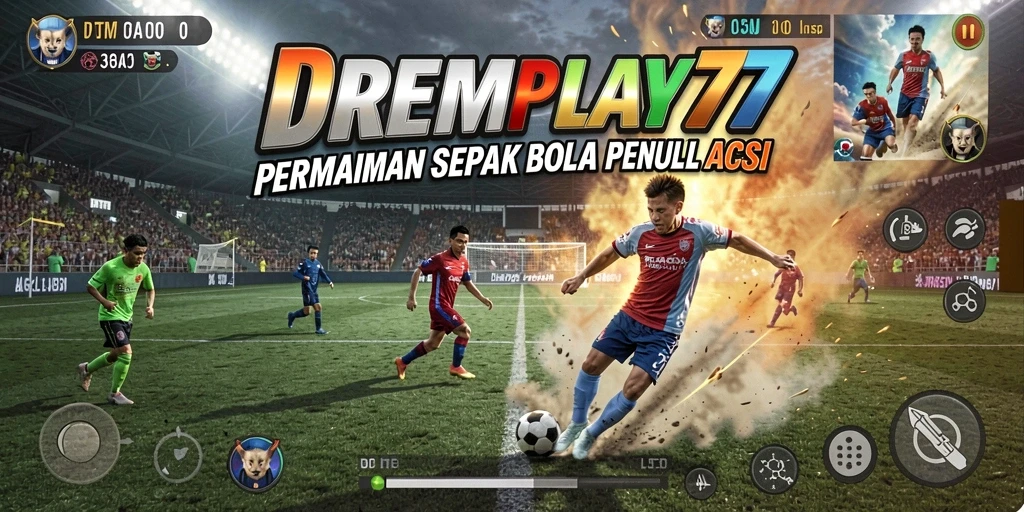 Screenshot utama dari gameplay aksi sepak bola di DREAMPLAY77.
