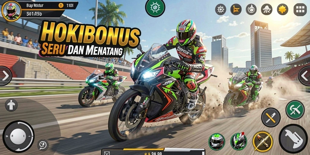 Screenshot HOKIBONUS menampilkan aksi balap motor yang mendebarkan.