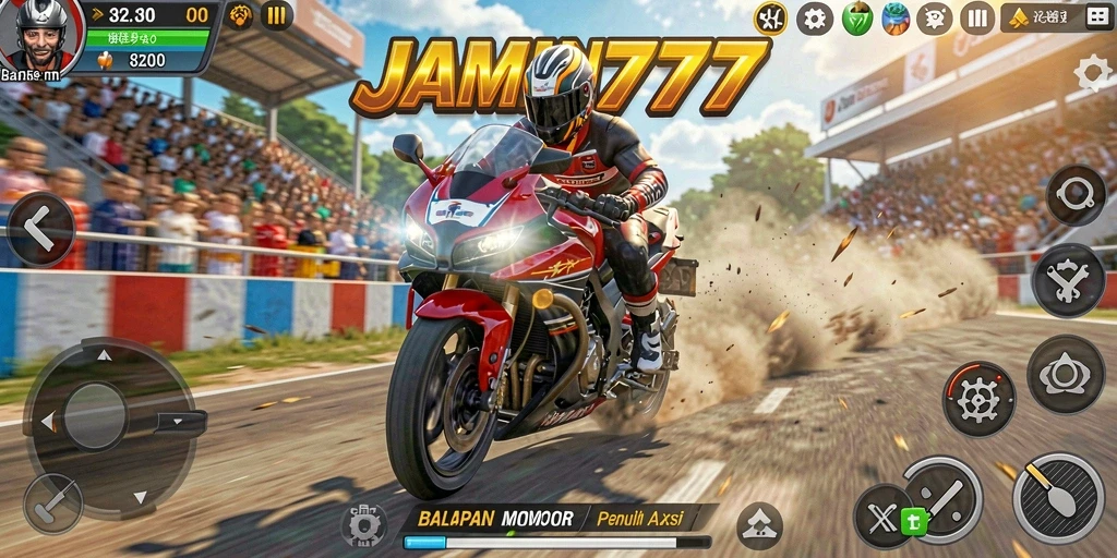 Screenshot utama JAMIN777 menampilkan aksi balapan motor yang mendebarkan.