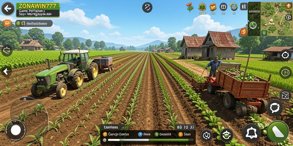 Screenshot gameplay ZONAWIN777 menampilkan petak pertanian yang subur dan hewan ternak.